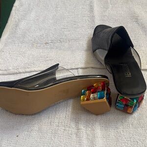 Stylish Black Mules with Multicolor Block Heels